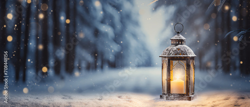Lantern in snow with winter forest background © Rimsha
