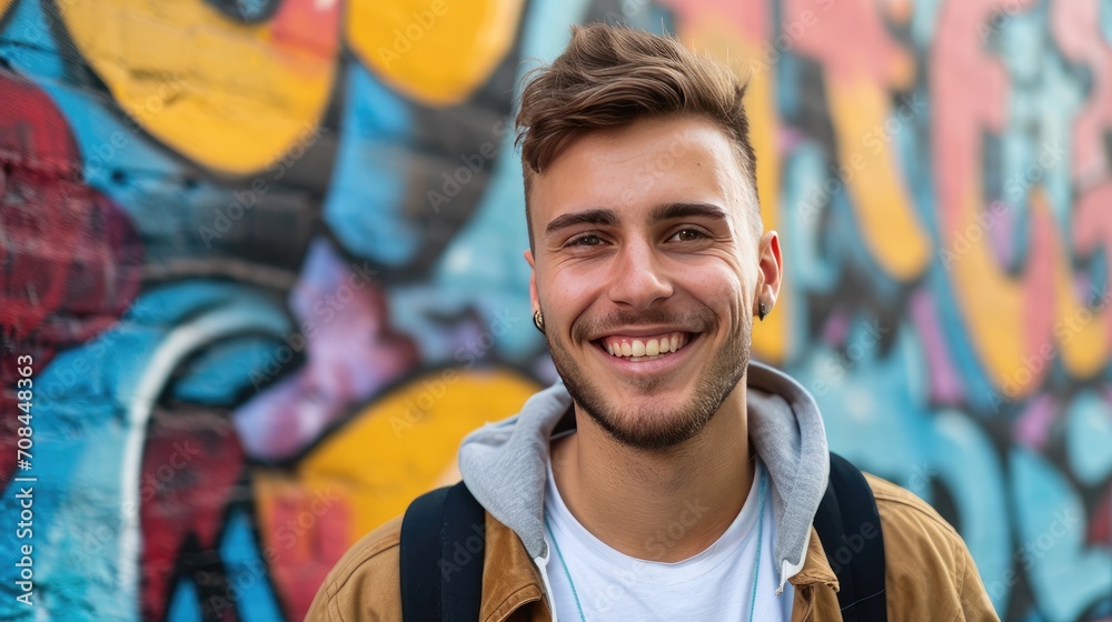 Fototapeta premium Handsome young smiling man grafitti background