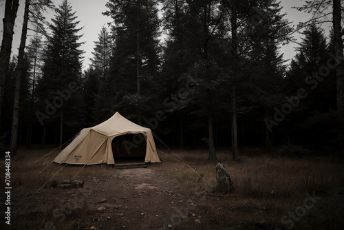 The old tourist tent is abandoned in a dark forest with sad or scary light tones.