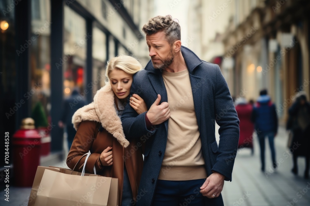 A stressed man with his wife shopping.