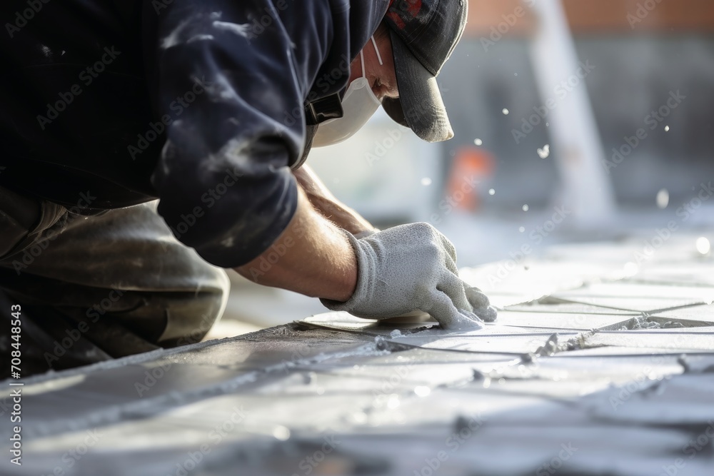 A tiler at work on the floor.