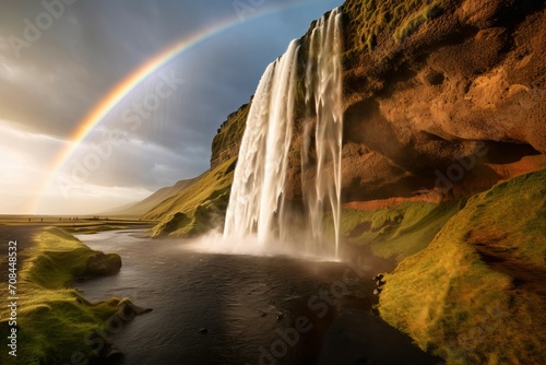 Beautiful Seljalandsfoss waterfall. Wilderness natural scenic landscape with rainbow. Generate ai