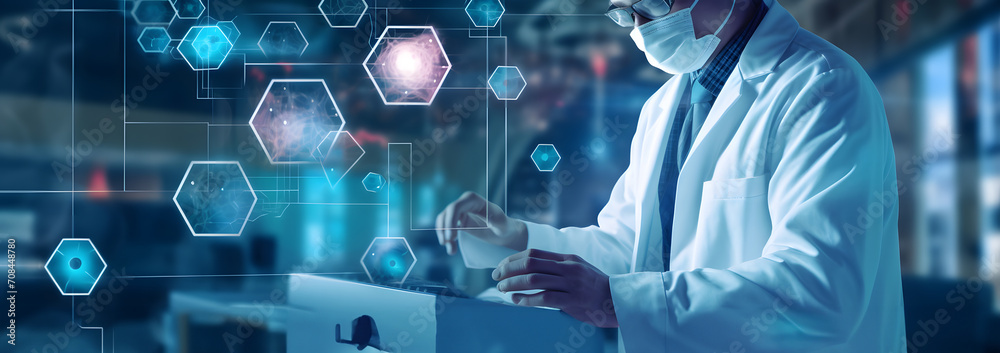 Doctor diagnose and checking brain testing result with computer and AI, robotic on virtual interface in laboratory, innovative technology in science and medicine. Doctor diagnose and checking brain testing result with computer and AI, robotic on virtual interface in laboratory, innovative technology in science and medicine.