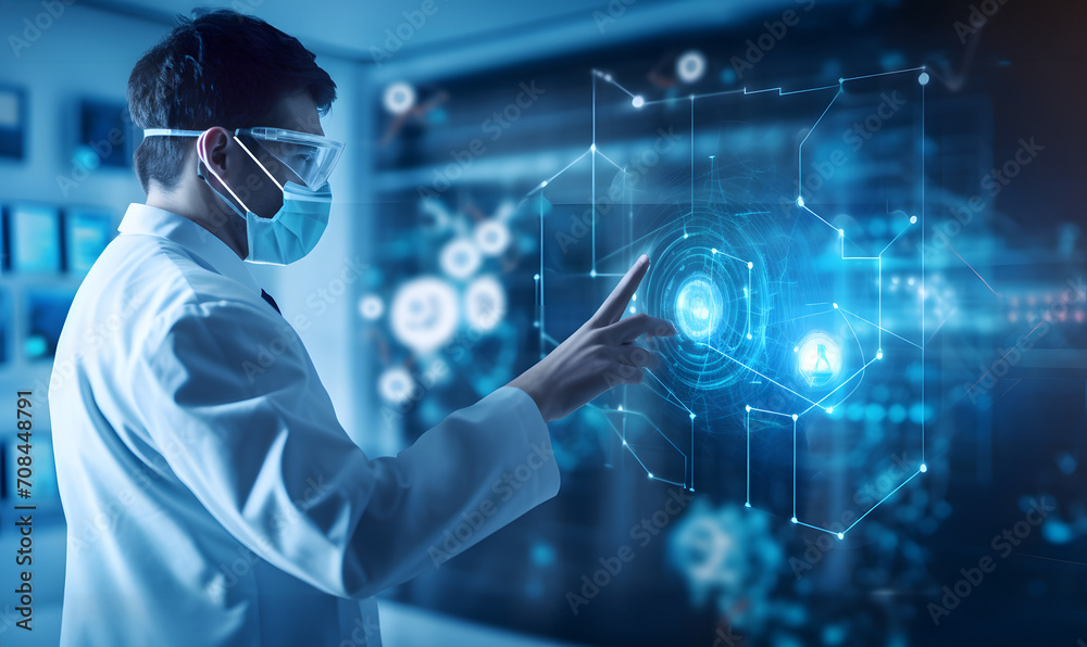 Doctor diagnose and checking brain testing result with computer and AI, robotic on virtual interface in laboratory, innovative technology in science and medicine. Doctor diagnose and checking brain testing result with computer and AI, robotic on virtual interface in laboratory, innovative technology in science and medicine.