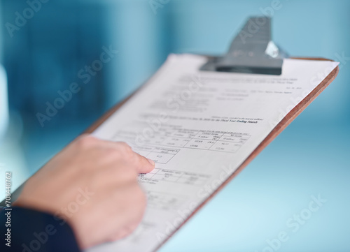 Hands, financial clipboard and accountant in business for asset management, income or investment. Paperwork, auditor and closeup of professional with document information, profit or revenue in office