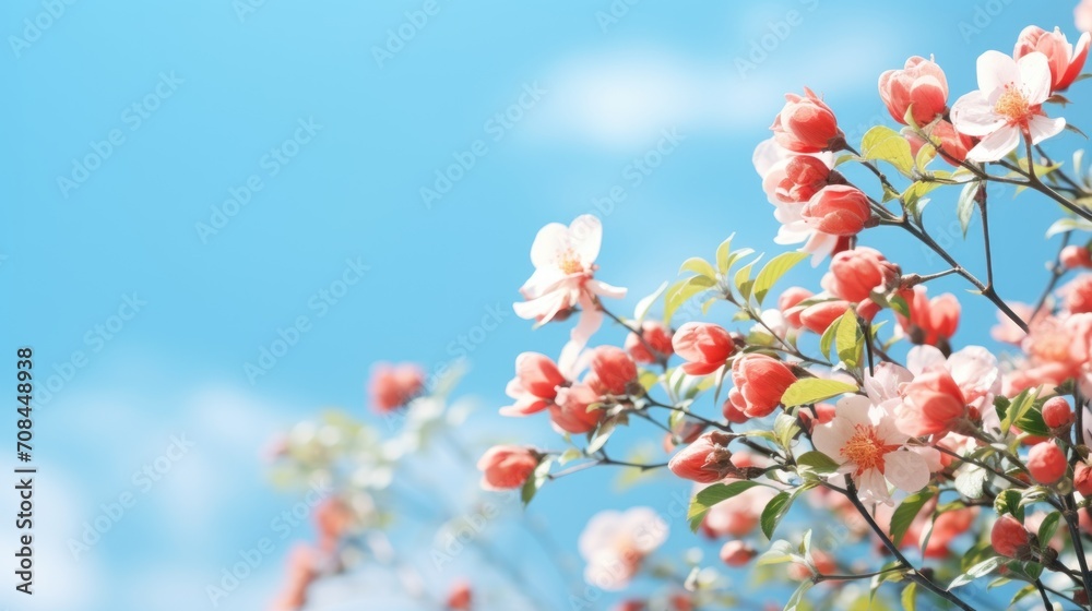 Blooming spring rose flower on a blue sky background