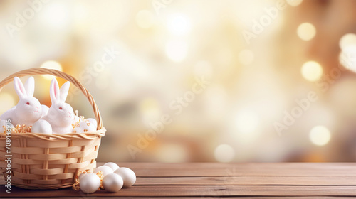 Lovely Easter fluffy bunnies in a wicker basket with Easter eggs against the backdrop of a green garden on a sunny day, with copy space. Symbol of Easter holiday.