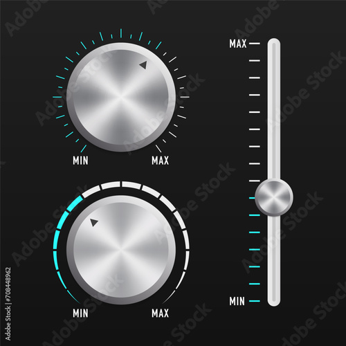 Music button technology, volume settings, volume control. Metal interface buttons collection for power volume playback control. Audio dashboard tumblers with stereo control scales. Vector illustration