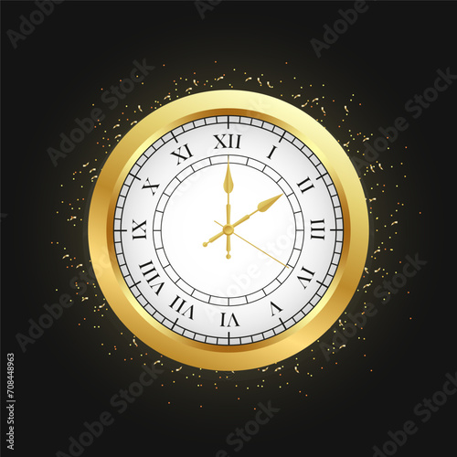 Vintage gold clock face, elegant roman numerals clock isolated on black background. Realistic classical watch with white dial. Time scale. Old fashion vintage clock. Vector illustration