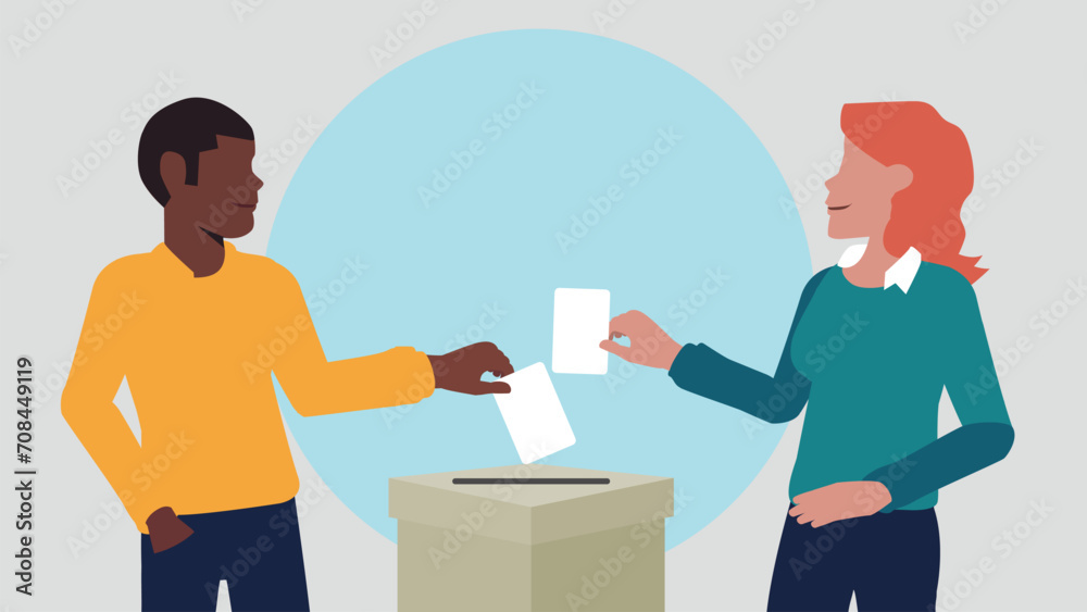 Obraz premium Vektor-Illustration eines Mannes und einer Frau, die einen Stimmzettel in eine Wahlurne werfen und damit eine Stimme abgeben - Wahl oder soziale Umfrage Konzept
