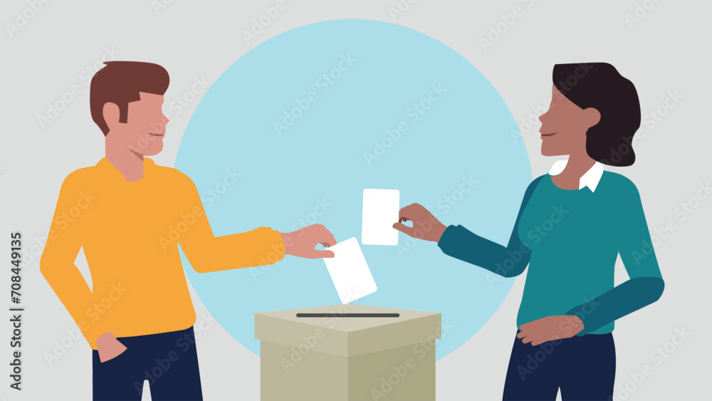 Vektor-Illustration eines Mannes und einer Frau, die einen Stimmzettel in eine Wahlurne werfen und damit eine Stimme abgeben - Wahl oder soziale Umfrage Konzept Vektor-Illustration eines Mannes und einer Frau, die einen Stimmzettel in eine Wahlurne werfen und damit eine Stimme abgeben - Wahl oder soziale Umfrage Konzept