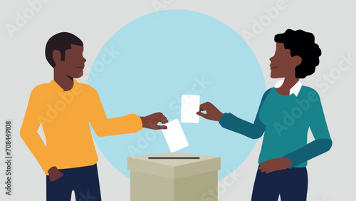 Vektor-Illustration eines Mannes und einer Frau, die einen Stimmzettel in eine Wahlurne werfen und damit eine Stimme abgeben - Wahl oder soziale Umfrage Konzept