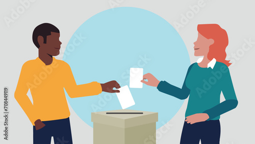 Vektor-Illustration eines Mannes und einer Frau, die einen Stimmzettel in eine Wahlurne werfen und damit eine Stimme abgeben - Wahl oder soziale Umfrage Konzept