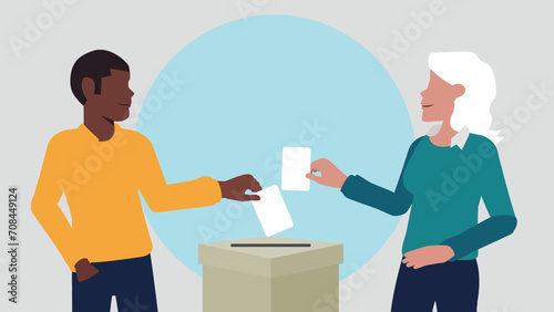 Vektor-Illustration eines Mannes und einer Frau, die einen Stimmzettel in eine Wahlurne werfen und damit eine Stimme abgeben - Wahl oder soziale Umfrage Konzept