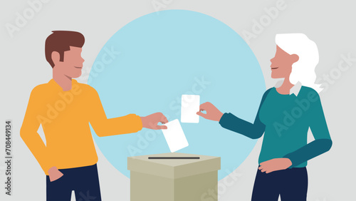 Vektor-Illustration eines Mannes und einer Frau, die einen Stimmzettel in eine Wahlurne werfen und damit eine Stimme abgeben - Wahl oder soziale Umfrage Konzept