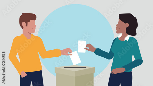 Vektor-Illustration eines Mannes und einer Frau, die einen Stimmzettel in eine Wahlurne werfen und damit eine Stimme abgeben - Wahl oder soziale Umfrage Konzept