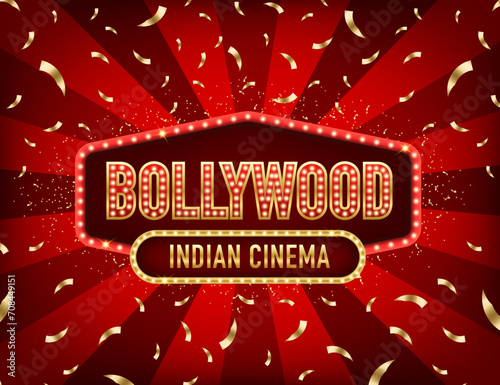 Indian cinema in Bollywood. Movie banner or poster in retro style. Retro lightboxes, cinema signs or billboard signage. Retro light sign. Vintage style banner. Vector illustration