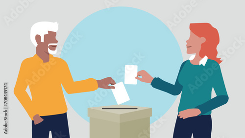Vektor-Illustration eines Mannes und einer Frau, die einen Stimmzettel in eine Wahlurne werfen und damit eine Stimme abgeben - Wahl oder soziale Umfrage Konzept