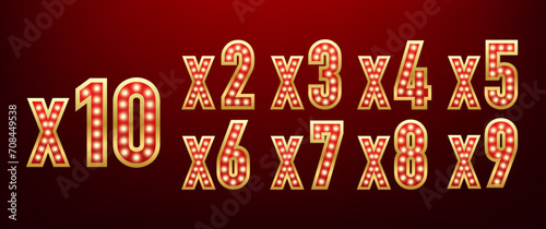 Bonus 1x, 2x, 3x, 4x, 5x, 6x, 7x, 8x, 9x, 10x prize winner, big jackpot game, casino sign set. Shining retro frame. Retro lightboxes, casino gambling. Vector illustration