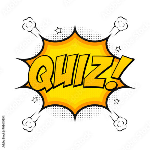 Quiz in comic pop art style. Quiz smart word game. Comic explosion with text Quiz. Colorful bubble burst, splash lettering in modern retro style. Vector illustration