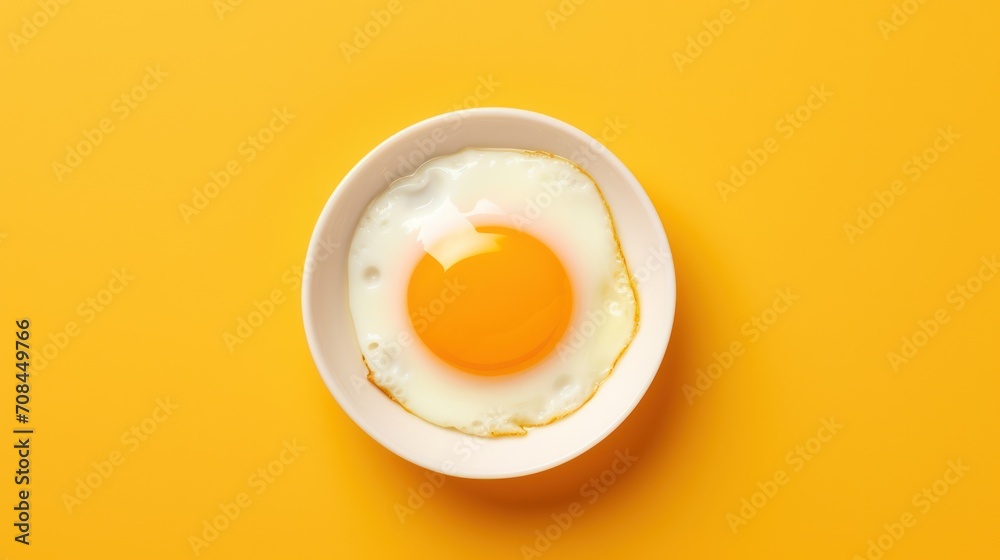 Fried egg in plate isolated on yellow background. Top view Fried egg in plate isolated on yellow background. Top view