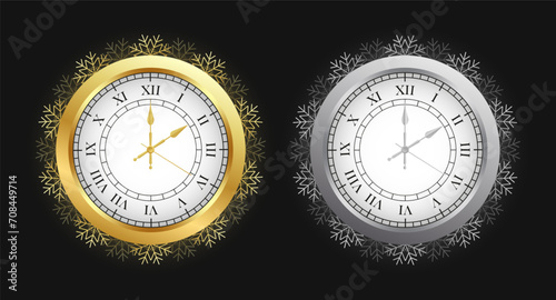 Vintage gold and silver clock face set, elegant roman numerals clock isolated on black background. Realistic classical watch with white dial. Fashion vintage clock with snowflakes. Vector illustration