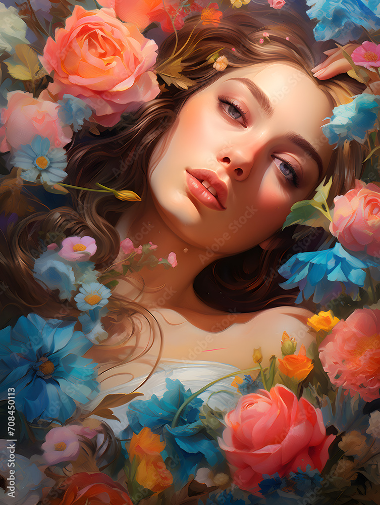 Face of playful and cheerful young woman among the flowers. Face of playful and cheerful young woman among the flowers.