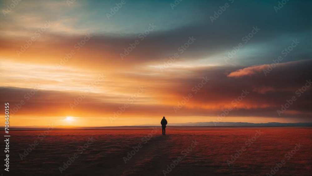 Landscape sunset, a man standing