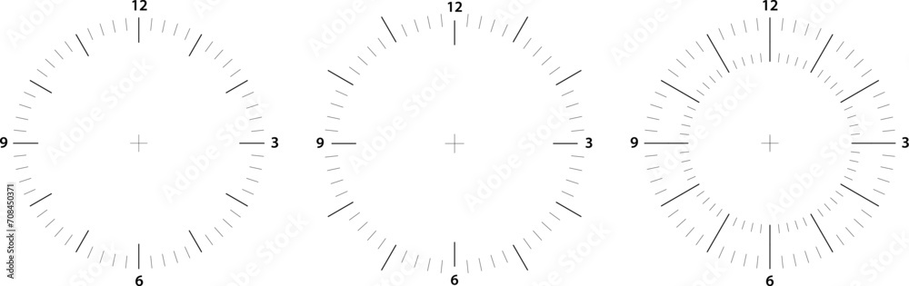 Clock face vector circle. Thermometer elegant degree or weight measuring analogue watches. Speedometer or chrono meter dot marked time scale. - obrazy, fototapety, plakaty 