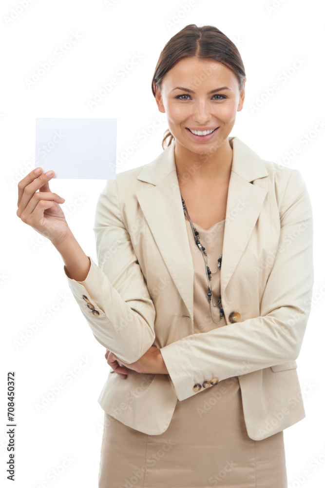 Woman, portrait and business card in advertising or marketing on a white studio background. Face of happy young female person or employee smile with poster, empty sign or blank paper for mockup space Woman, portrait and business card in advertising or marketing on a white studio background. Face of happy young female person or employee smile with poster, empty sign or blank paper for mockup space