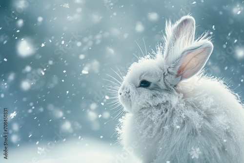 Angora rabbit surrounded by snowflakes in a winter wonderland its fluffy fur providing warmth and a striking contrast against the cold creating a magical scene © Teddy Bear