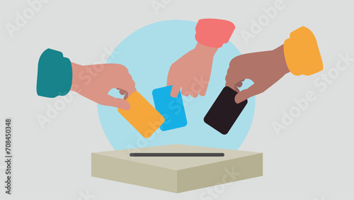 Vektor-Illustration einer Person, die einen Stimmzettel in eine Wahlurne wirft und damit eine Stimme abgibt - Wahl oder soziale Umfrage Konzept