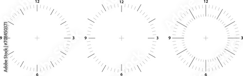 Clock face vector circle. Thermometer elegant degree or weight measuring analogue watches. Speedometer or chrono meter dot marked time scale. photo