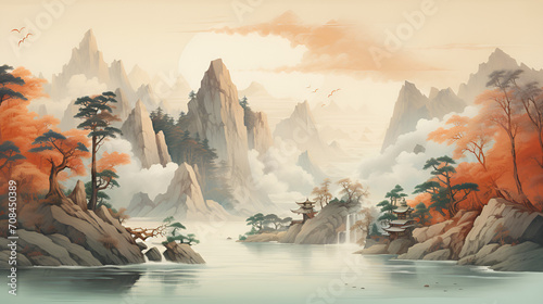 Chinese painting style landscape. Asian traditional culture illustration,Chinese landscape art, traditional painting, Asian culture, Oriental scenery, classical brushwork, ink wash landscape, East Asi
