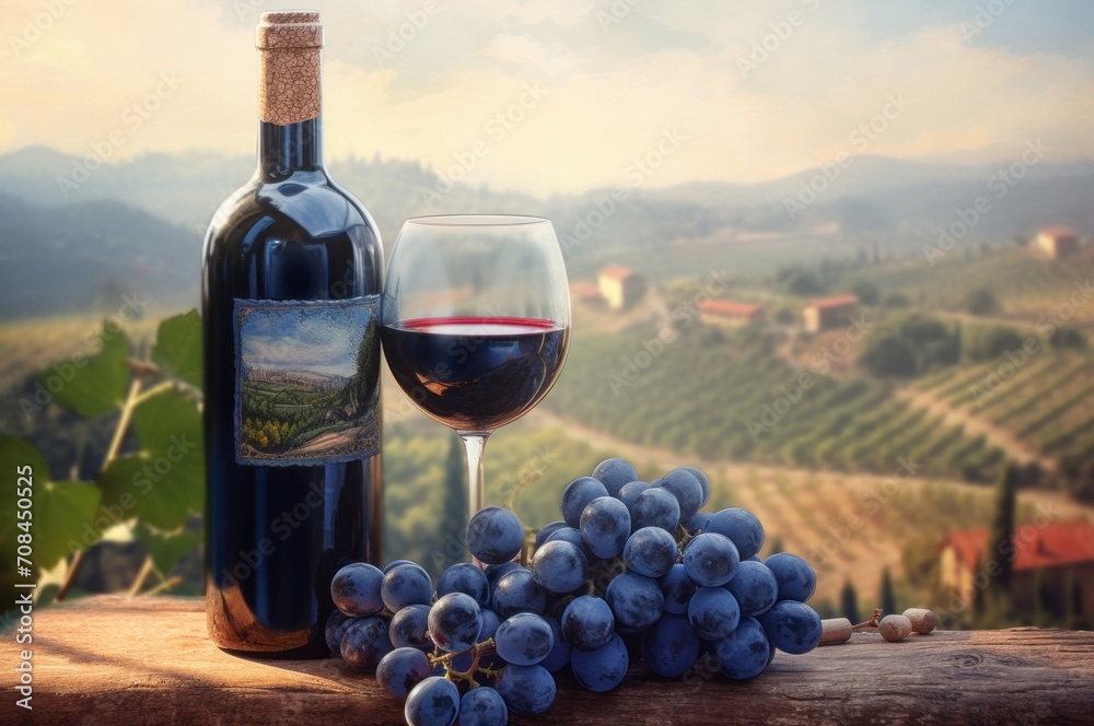 Blue grapes red wine production. Wine bottle and glass on outdoor natural vineyard. Generate ai