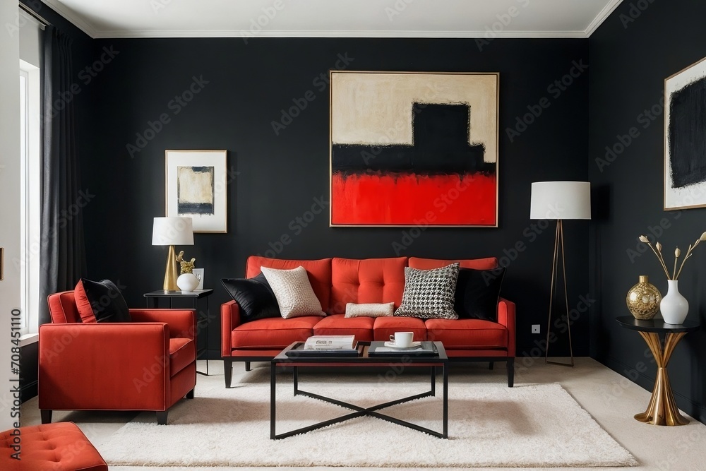 Luxury black and red living room interior with sofa, table, and painting in a perfect composition.
