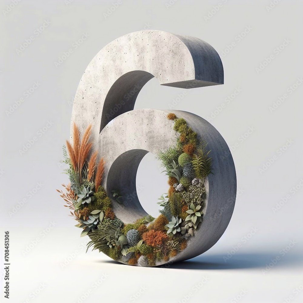6 digit shape 3D Lettering That Blends Concrete With Nature. AI generated illustration - obrazy, fototapety, plakaty 