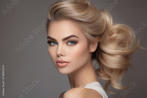 
Closeup portrait of beautiful young blonde woman wearing sophisticated evening makeup. Elegance and hairstyle