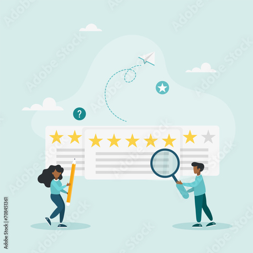 The reputation management team monitors online review ratings to improve positive ratings. Guy and girl track and analyze star ratings to improve satisfaction.
