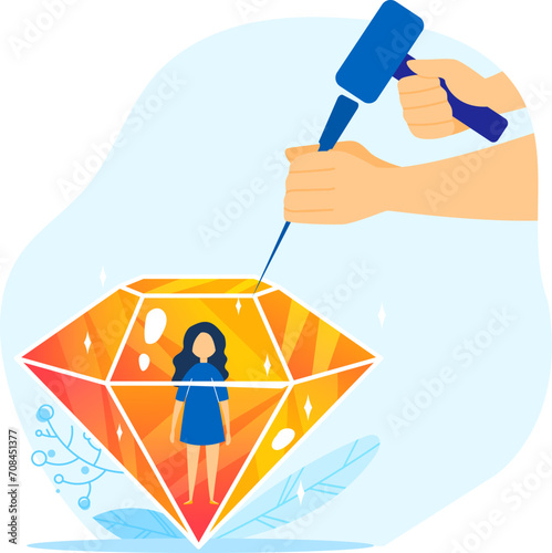 Hand carving a woman inside a gemstone. Personal growth and self-improvement. Chiseling out potential and inner beauty vector illustration.