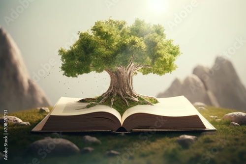 Open book with growth green tree abstract. Verdant natural wisdom erudition concept. Generate ai photo