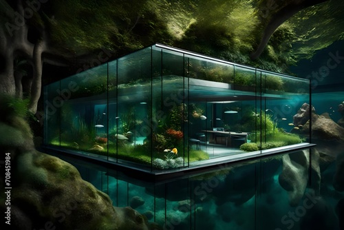 A submerged garden home with glass walls, allowing residents to enjoy the beauty of aquatic flora and fauna from the comfort of their living space.
