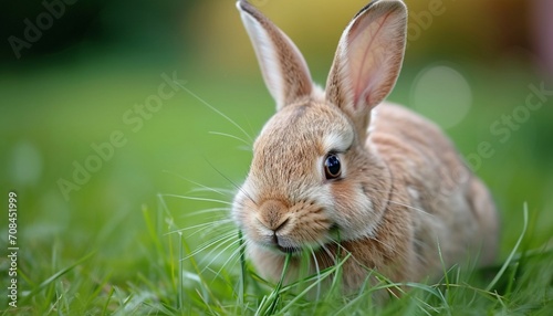 Close-up of a curious rabbit nibbling on fresh green grass capturing the intricate details of its whiskers and twitching nose