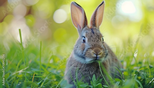 Close-up of a curious rabbit nibbling on fresh green grass capturing the intricate details of its whiskers and twitching nose