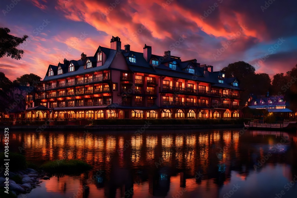 A riverside hotel at twilight, with the lights inside creating a cozy and welcoming atmosphere against the backdrop of a colorful sky.