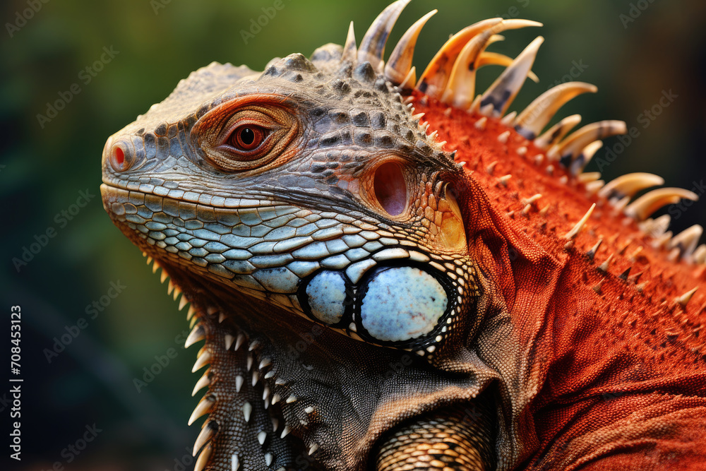 Fototapeta premium Discover the beauty of an adult iguana in its natural setting. This exotic reptile portrait showcases vibrant wildlife and intricate lizard skin details.