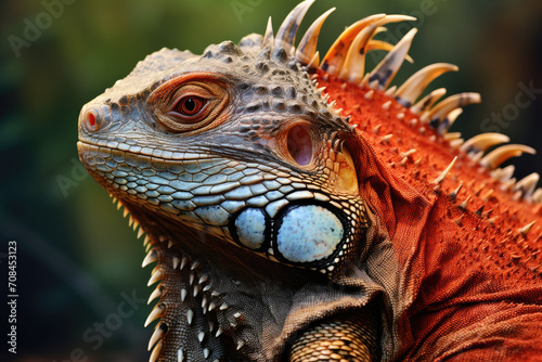 Discover the beauty of an adult iguana in its natural setting. This exotic reptile portrait showcases vibrant wildlife and intricate lizard skin details. © Mongkol