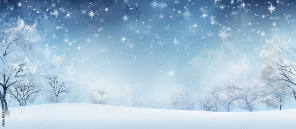 Christmas-themed natural design with a snow-covered winter landscape, falling snowflakes, and a frosty blue background.