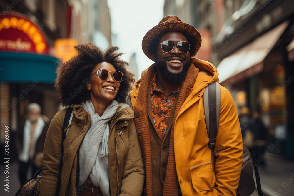 Afro couple walks through the streets of a major American city
