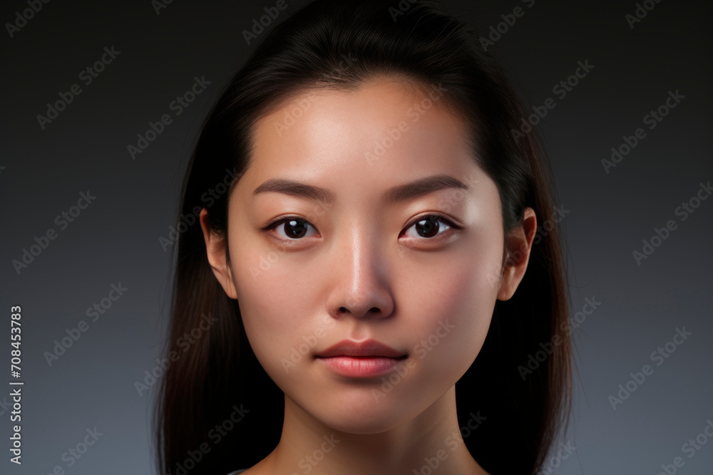 Young Asian woman with beautiful smooth and healthy facial skin on dark background. Ideal of natural beauty and concept of facial skin care. Advertising sale of natural cosmetics. Close-up. Copy space